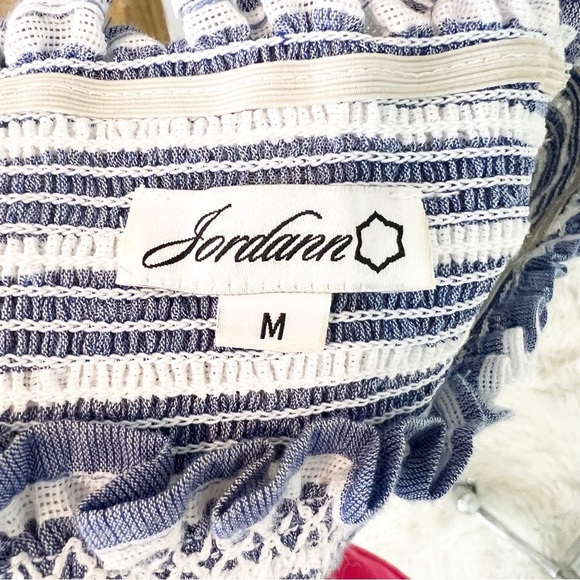 JORDANN BLUE WHITE STRIPE OFF SHOULDER SMOCKED BLOUSE WOMENS SZ MEDIUM - Picture 7 of 7